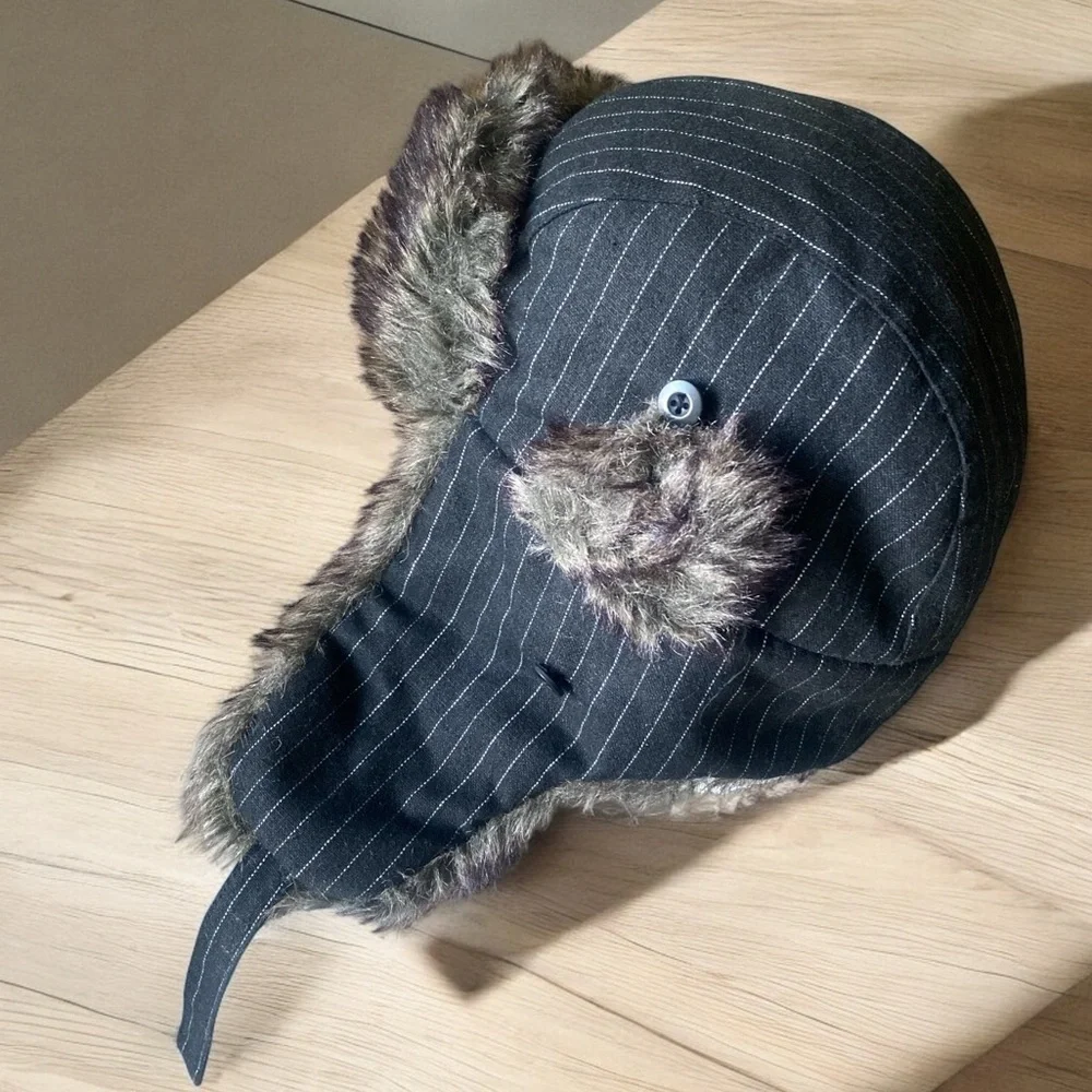 Trappers Hat Wool Pinstripe Fur Trappers Hat Size 2XL-3XL Black